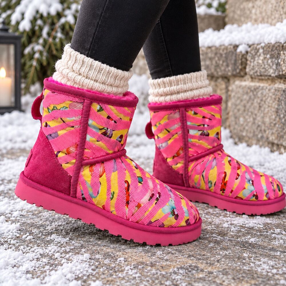 UGG Classic Mini Tiger Flower Sequin Pink Boots 1124951 Women's 8